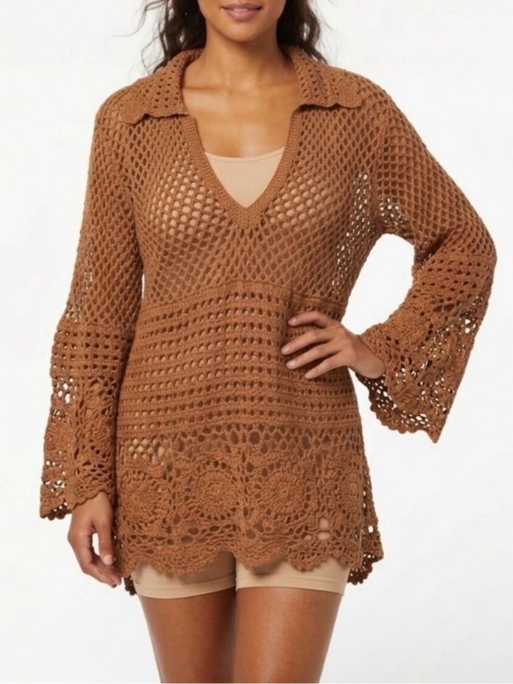 Brown Boho Crochet Top Women’s M Cotton Cover-Up Tunic Mini Dress Cottagecore - Picture 12 of 12
